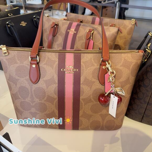NWT Bundle Coach Gallery Tote Bag Stripe CBM18 Gold/Tan & 77840 Cherry Bag Charm - Picture 1 of 14